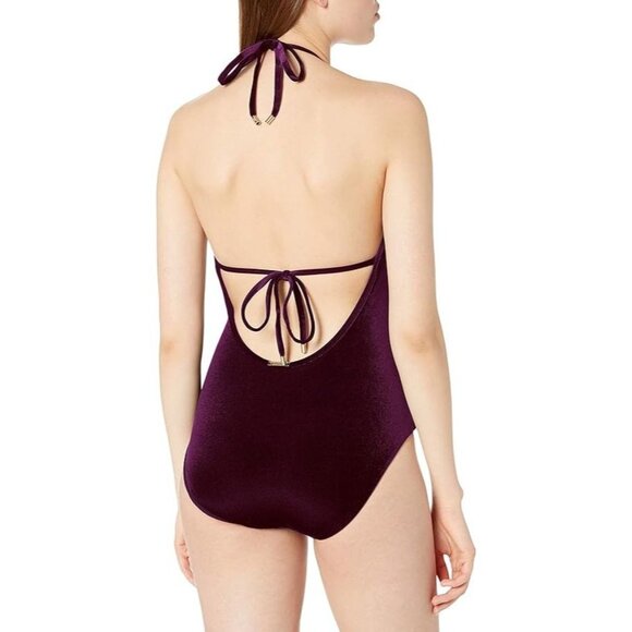 LAUNDRY BY SHELLI SEGAL Purple Velvet Plunge V-Neck One Piece Swimsuit, Size M/L - Picture 2 of 13